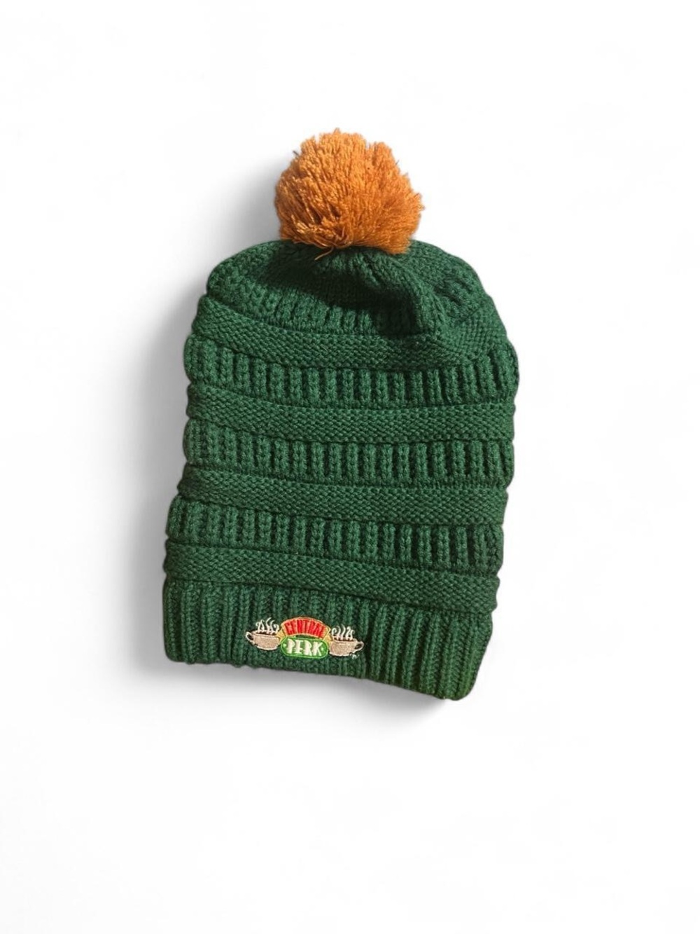 FRIENDS Green Knit Beanie with Orange Pom Pom
